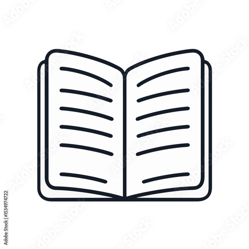 Minimalist open notebook icon on white background, simplicity concept