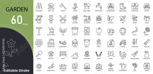 Garden related icon collections. Containing plants, flowers, tools, watering can, shovel, soil, fence, tree, grass, and garden pot icons. Editable Stroke. 