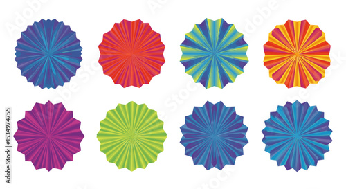 Eight colorful paper fan decorations arranged in two rows on a white background design element