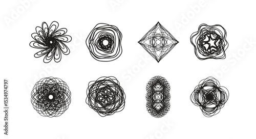 Collection of eight abstract line art designs featuring circular and geometric shapes on a white background