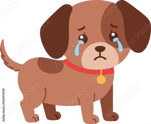 Sad brown puppy dog with red collar crying vector illustration in simple style for emotional pet design 