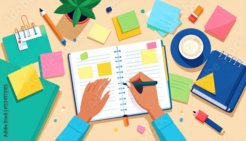 Overhead View Of Hands Writing In Planner With Colorful Sticky Notes
