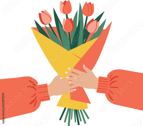 Bouquet of red tulips being handed over with orange sleeves in a flat vector illustration style 
