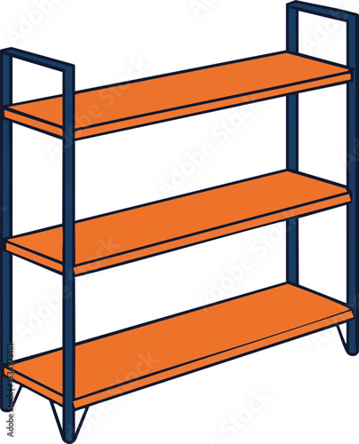 Modern orange shelving unit with blue frame in isometric style for interior organization and storage solutions 