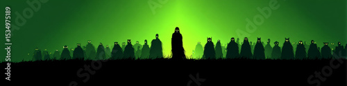 A minimalist, high-contrast phone wallpaper featuring a mysterious silhouetted army with glowing eyes fixed on a lone figure in the center. Generative AI