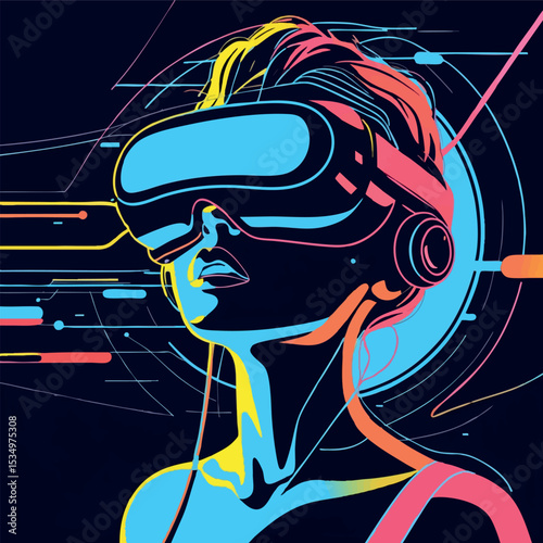 Woman immersed in virtual reality abstract futuristic outline vector