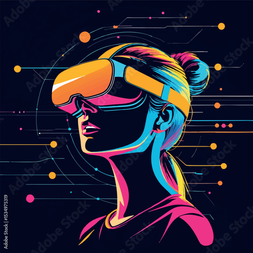 Woman immersed in virtual reality abstract futuristic outline vector