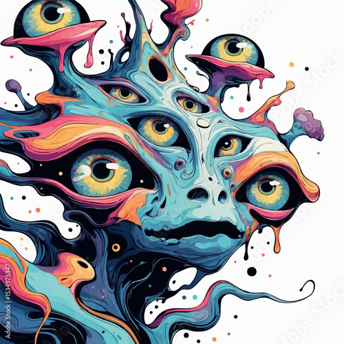 Surreal abstract creature with eyes and melting form. Black outline vector illustration