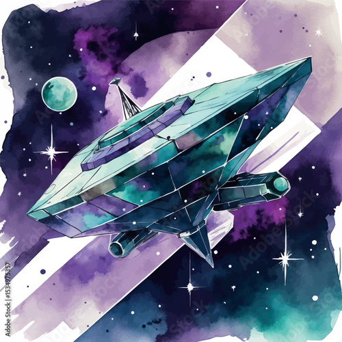 Abstract retro-futuristic space station watercolor art. 1960s-inspired cosmic design with geometric shapes and nebula effects.