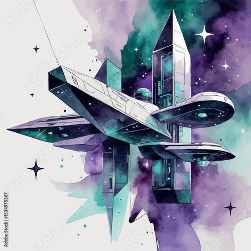 Abstract retro-futuristic space station watercolor art. 1960s-inspired cosmic design with geometric shapes and nebula effects.