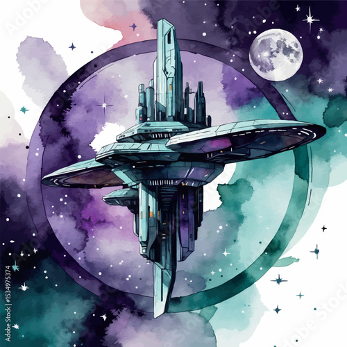 Abstract retro-futuristic space station watercolor art. 1960s-inspired cosmic design with geometric shapes and nebula effects.