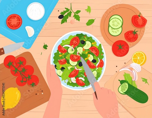 Colorful Salad Preparation On Wooden Table