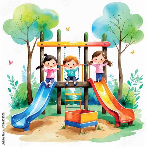 Watercolor illustration of children playing in kindergarten playground. Cute kids on slides and swings isolated on white background.