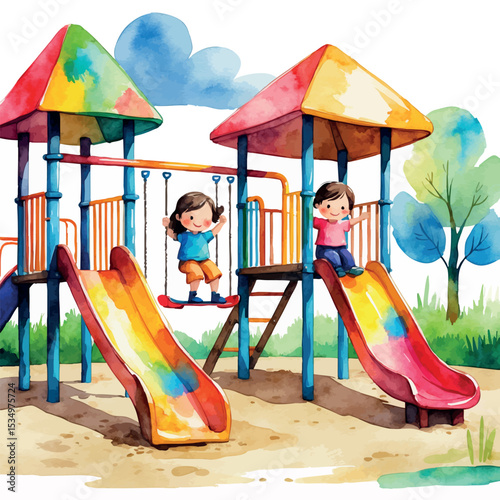 Watercolor illustration of children playing in kindergarten playground. Cute kids on slides and swings isolated on white background.
