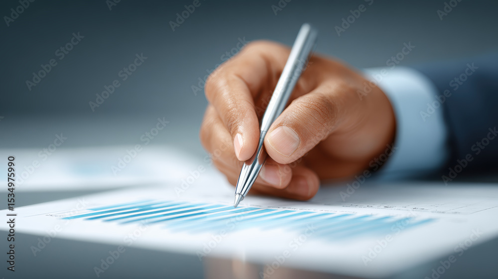 Fototapeta premium Person is analyzing financial report with pen, focusing on blue bar graphs