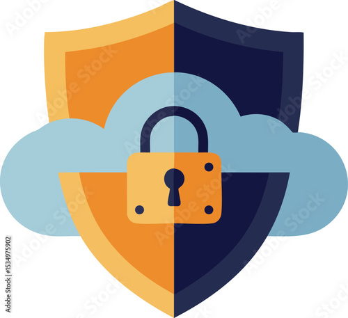 Cloud security shield with padlock symbol for data protection and online safety vector icon illustration 
