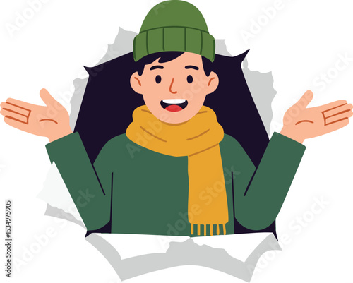 Young man wearing green hat and scarf breaking through wall with open arms cheerful expression vector illustration 