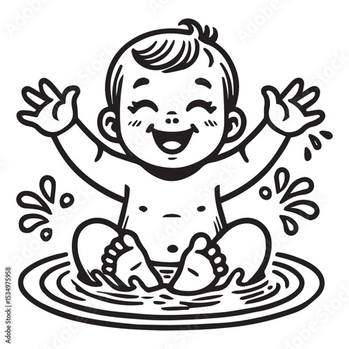 Baby Bath Time Splash - Cute Baby Line Art Design, Baby Doodle Cartoon Design Sublimation