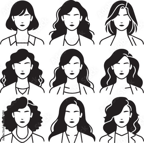 set of women faces black vector silhouette 