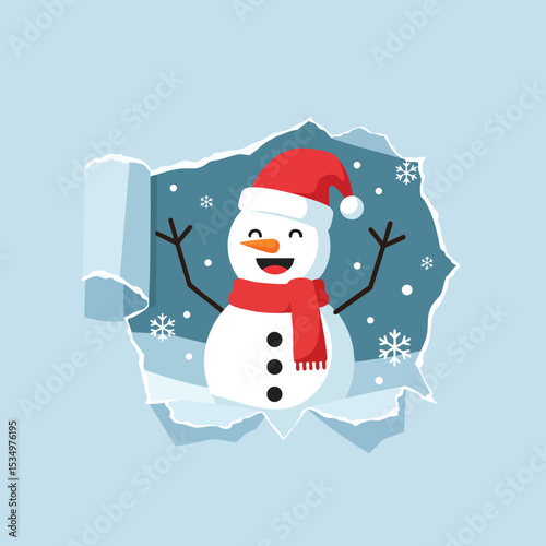 Snowman with red scarf and hat breaking through winter paper background in cheerful festive scene