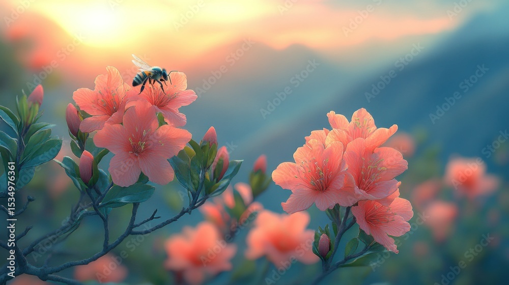 Fototapeta premium Sunrise, azalea blossoms, bee