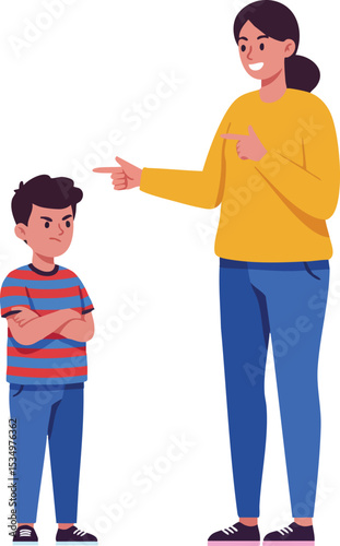 Mother Disciplining Son Showing Disapproval and Teaching Respectful Behavior Vector Illustration 