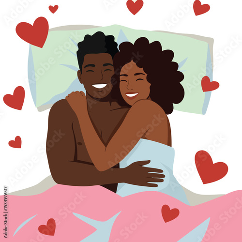 Loving couple hugging in bed surrounded by red hearts romantic affectionate vector illustration 