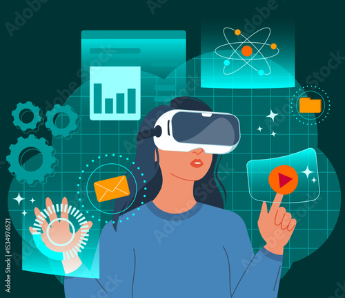 Futuristic woman using virtual reality headset, innovation and digital future concepts. Modern woman with VR headset working with business data. Virtual interface with science and technology icons. 