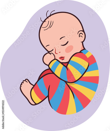 Sleeping baby in colorful striped pajamas curled up on purple background illustration vector 