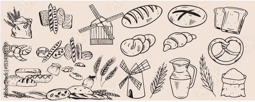 Hand-drawn bakery and bread doodle vector set featuring a variety of artisanal bread, pastries, wheat, baking tools, and oven elements.