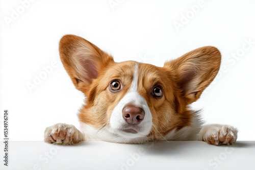 Pembroke Welsh Corgi dog peeking over a white surface, perfect for themes of pet personality, animal curiosity, hidden fun, or heartwarming animal content.
