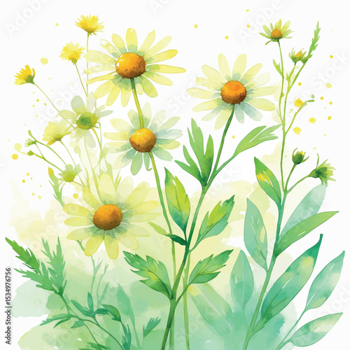 Ethereal Chamomile and Lemon Balm Watercolor. Pastel Yellow and Green Herbal Tea Illustration.