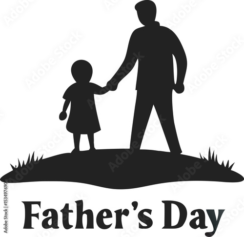 Emotional Silhouette of Father Holding Hands with Child on Grassy Hill with Bold “Father’s Day” Text Below – Heartfelt Illustration Celebrating Parental Love, Fatherhood, Family Bond for Father’s day