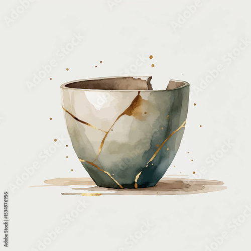 Kintsugi Mental Healing Watercolor Art. Golden Repair Resilience Psychology Illustration.