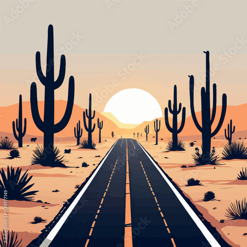 Desert road outline. Solitude and journey under summer sun.