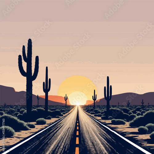 Desert road outline. Solitude and journey under summer sun.