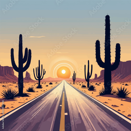 Desert road outline. Solitude and journey under summer sun.