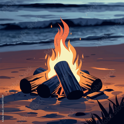Beach campfire outline. Summer night warmth in simple lines.