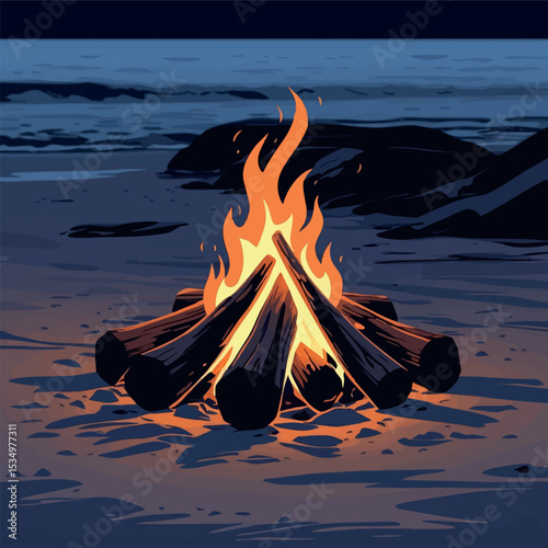 Beach campfire outline. Summer night warmth in simple lines.