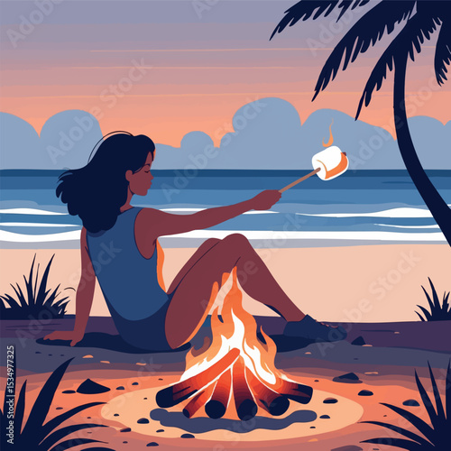 Marshmallow roasting outline. Cozy summer night in line art.
