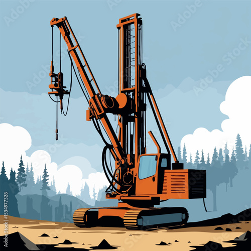 Underground drilling machine outline vector. Front view of mining equipment in line art