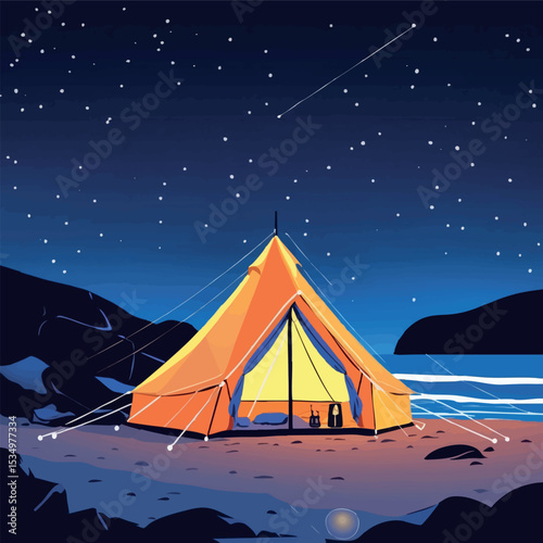Beach camping outline. Peaceful summer night outdoors in line art.
