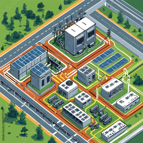 Urban energy grid infrastructure outline. Technical vector of power substations and cables