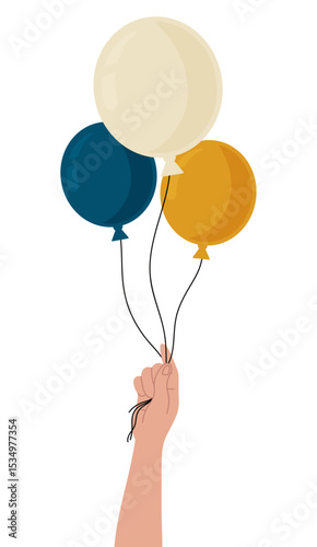 Main qui tient trois ballons attaches par des ficelles