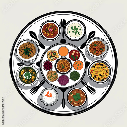 Indian thali outline with round platter and food bowls in minimalist line art