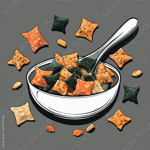 Namkeen outline vector. Indian savory snack mix in bowl with spoon line illustration.