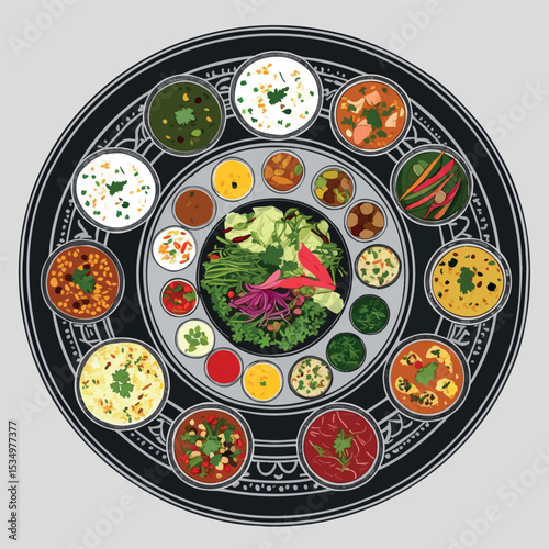 Indian thali outline with round platter and food bowls in minimalist line art