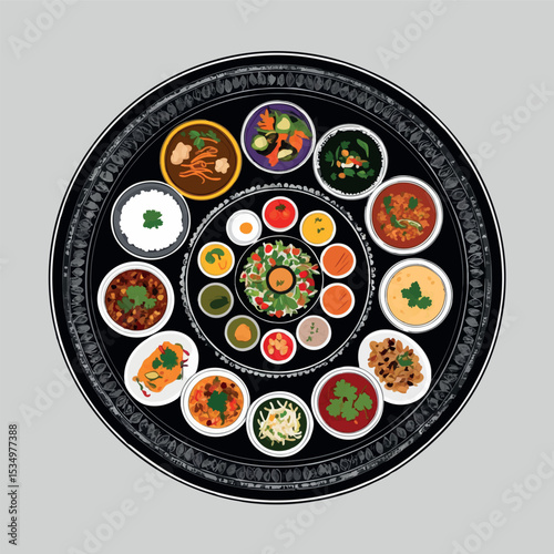 Indian thali outline with round platter and food bowls in minimalist line art