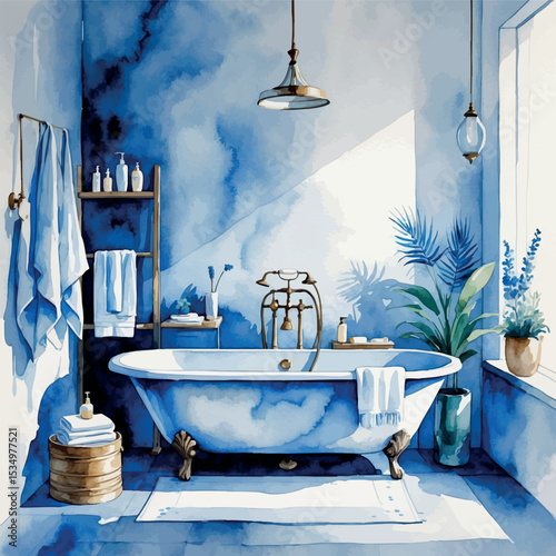 Serene Bathroom Watercolor Interior. Elegant Clawfoot Tub and Spa Elements Home Art.