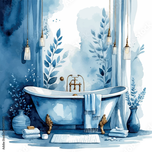 Serene Bathroom Watercolor Interior. Elegant Clawfoot Tub and Spa Elements Home Art.